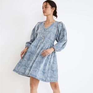 Madewell Sz M Bubble-Sleeve Button-Front Mini Dress Indigo Paisley 100% Cotton